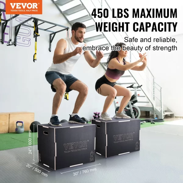 VEVOR 3 in 1 Plyometric Jump Box, 30/24/20 Inch Wooden Plyo Box, Platform & Jumping Agility Box, Anti-Slip Fitness Exercise Step Up Box for Home Gym Training, Conditioning Strength Training, Black