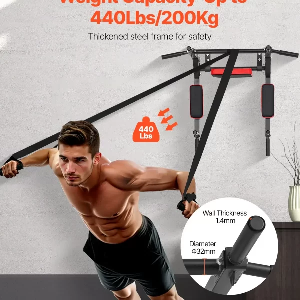 VEVOR Multifunctional Pull Up Bar, Wall Mounted Chin Up Bar Dip Station for Home Gym, Heavy Duty Steel Upper Body Workout Pull Ups, Power Tower Set Training Equipment Fitness, 440 lbs Weight Capacity